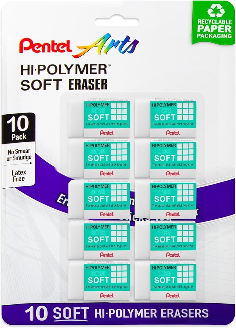 Pentel Clean Eraser, No Mess- No Residue, Hi-Polymer Soft Erasers for Pencils - White - 10 Pack - for Art, Office, and School use (10) - Image 1